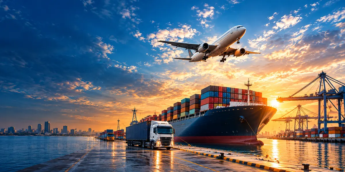A cargo plane takes off over a container ship and a truck at a port at sunset