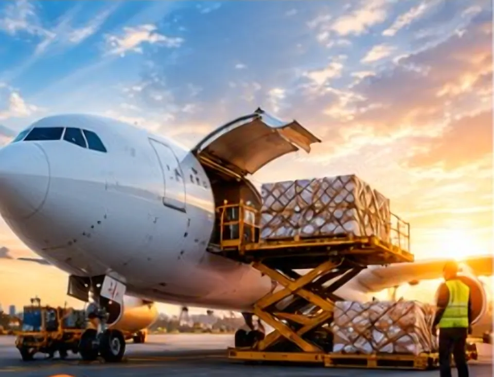 Cargo being loaded into a plane’s hold at sunset