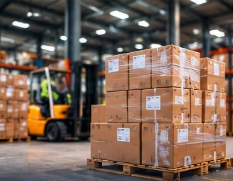 Boxed cargo stacked on pallets in a warehouse