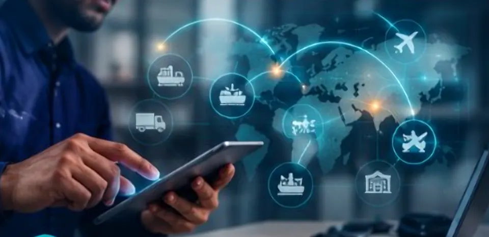 A logistics agent checking shipments on a tablet