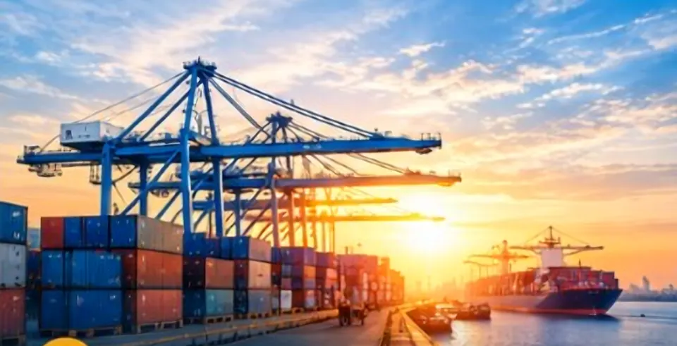 Container cranes at a port at sunset