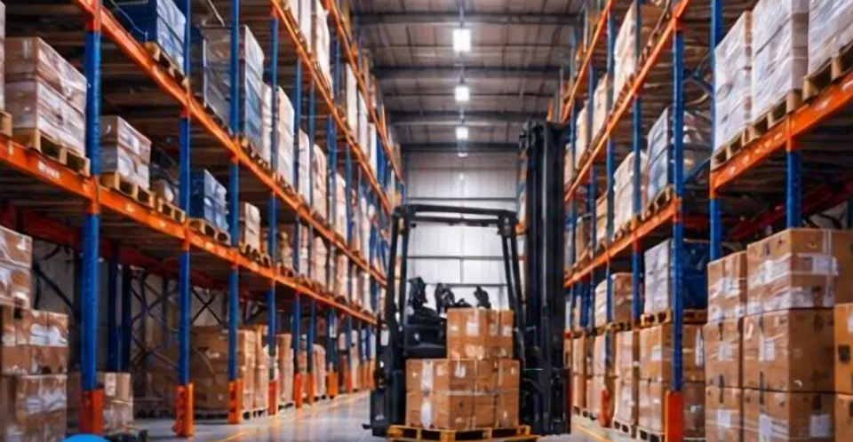 A warehouse aisle with racked cargo and a forklift